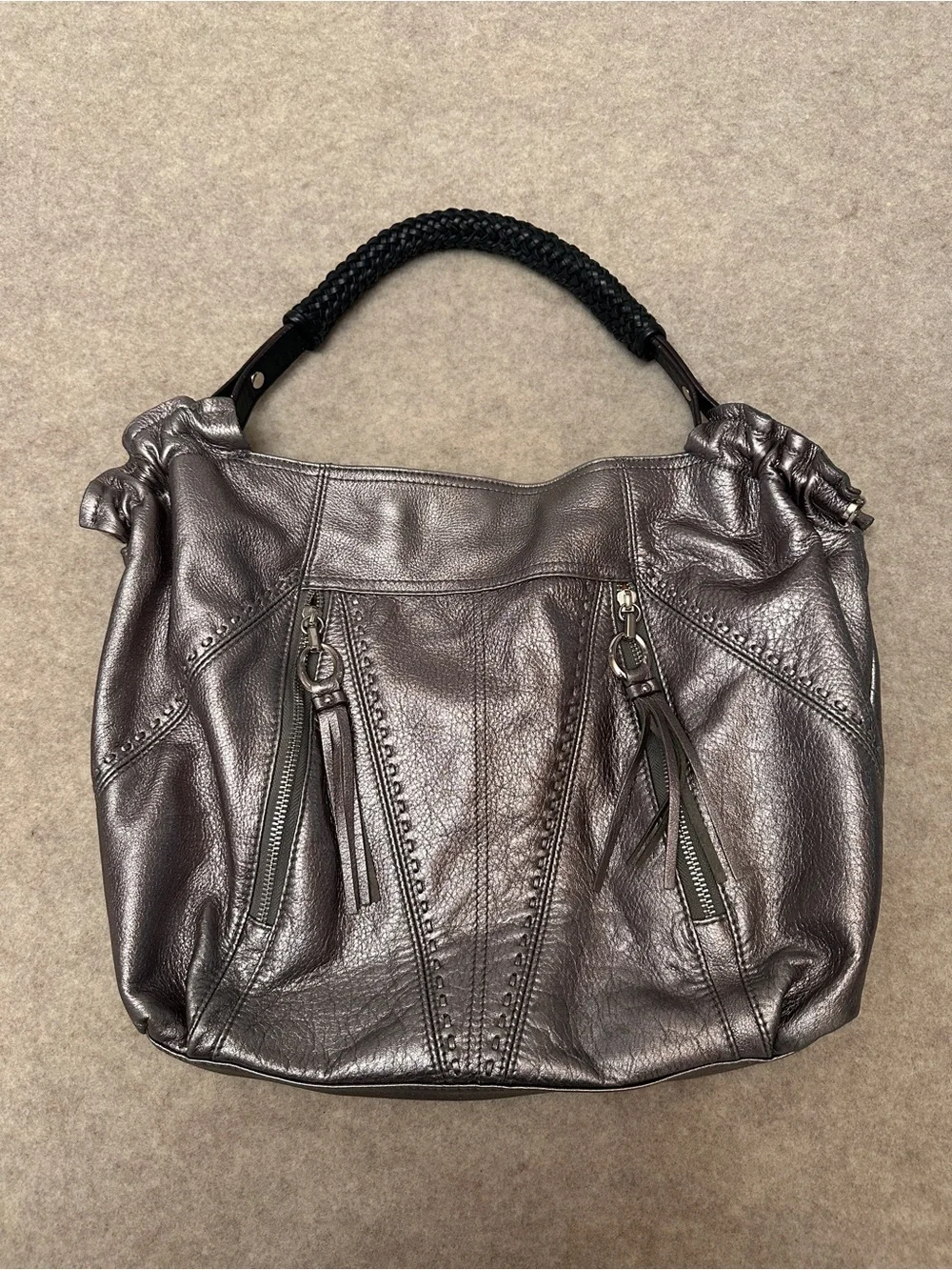 B. Makowsky Y2K Silver Metallic Leather Hobo Shoulder Bag Purse